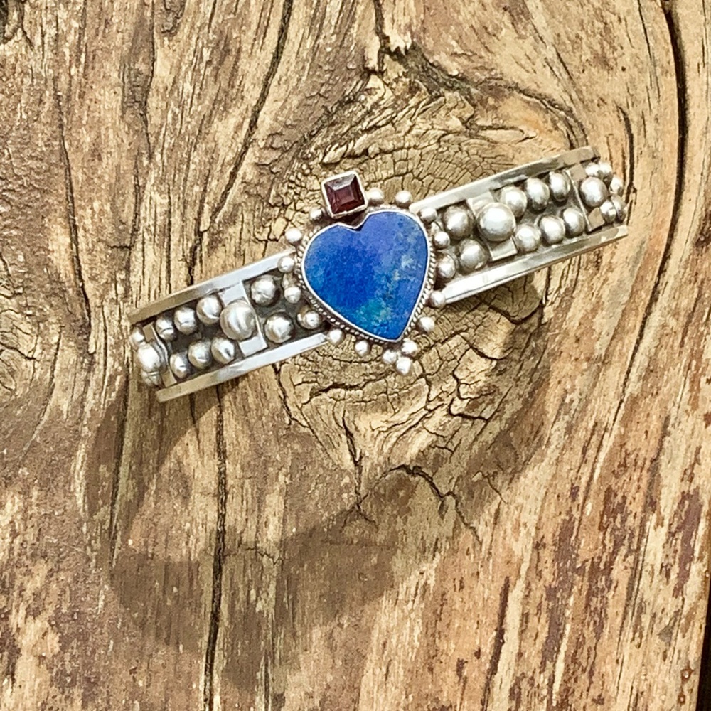Sterling cuff, lapis/garnet, up to 6 3/4” wrist